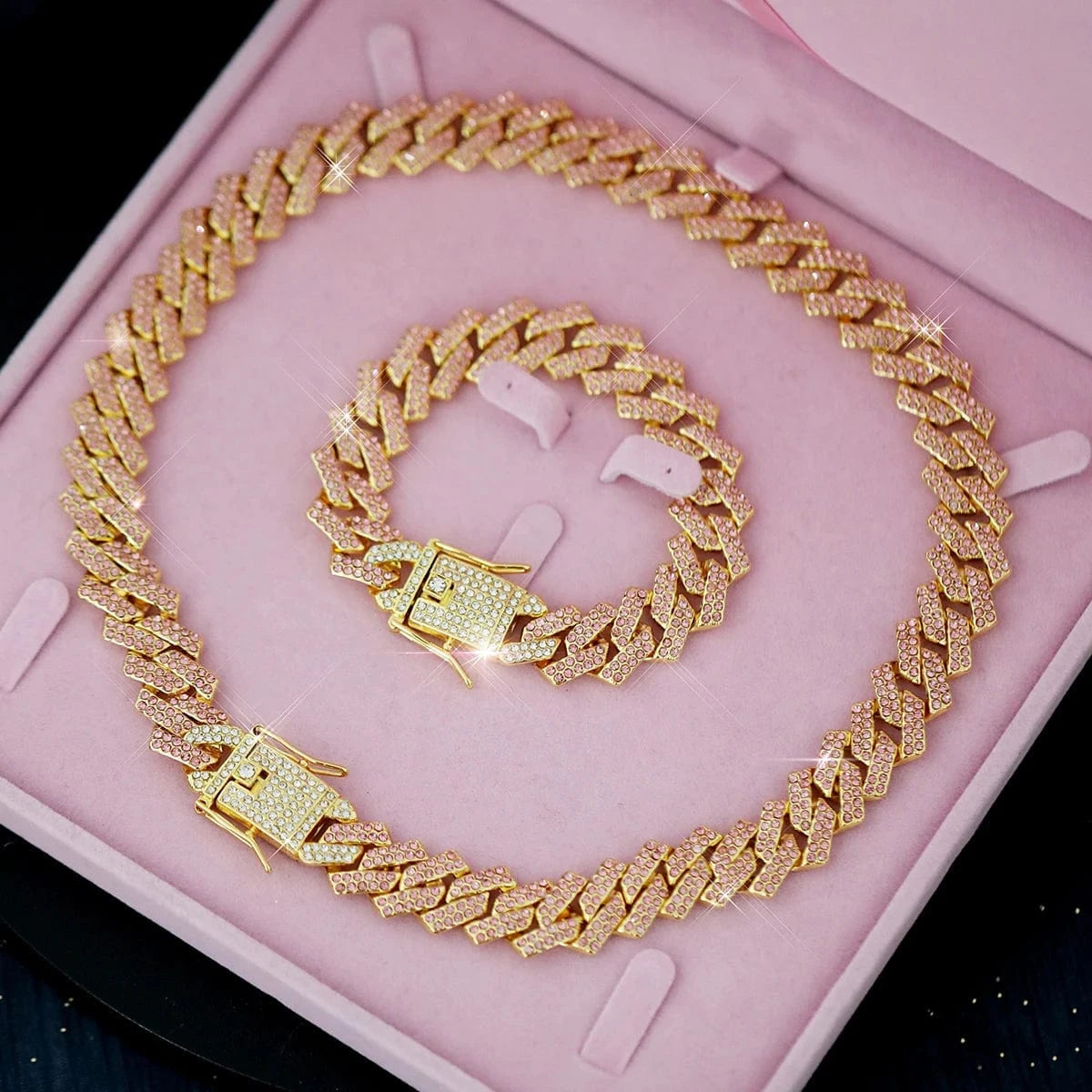 Hip Hop Colorful Rhinestone Cuban Necklace+Bracelet Jewelry Set Iced Out Shiny Chain link Trendy Choker Jewelry For Women Men