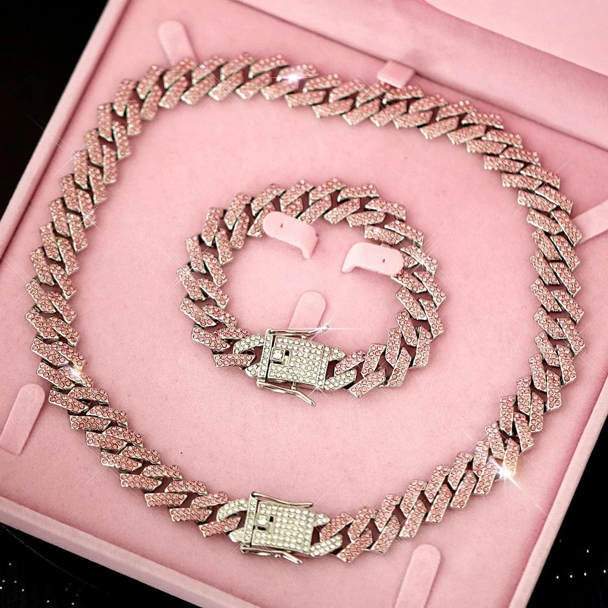 Hip Hop Colorful Rhinestone Cuban Necklace+Bracelet Jewelry Set Iced Out Shiny Chain link Trendy Choker Jewelry For Women Men