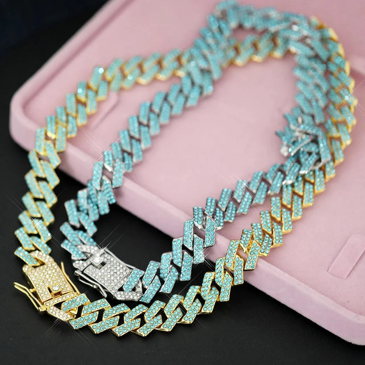 Hip Hop Colorful Rhinestone Cuban Necklace+Bracelet Jewelry Set Iced Out Shiny Chain link Trendy Choker Jewelry For Women Men