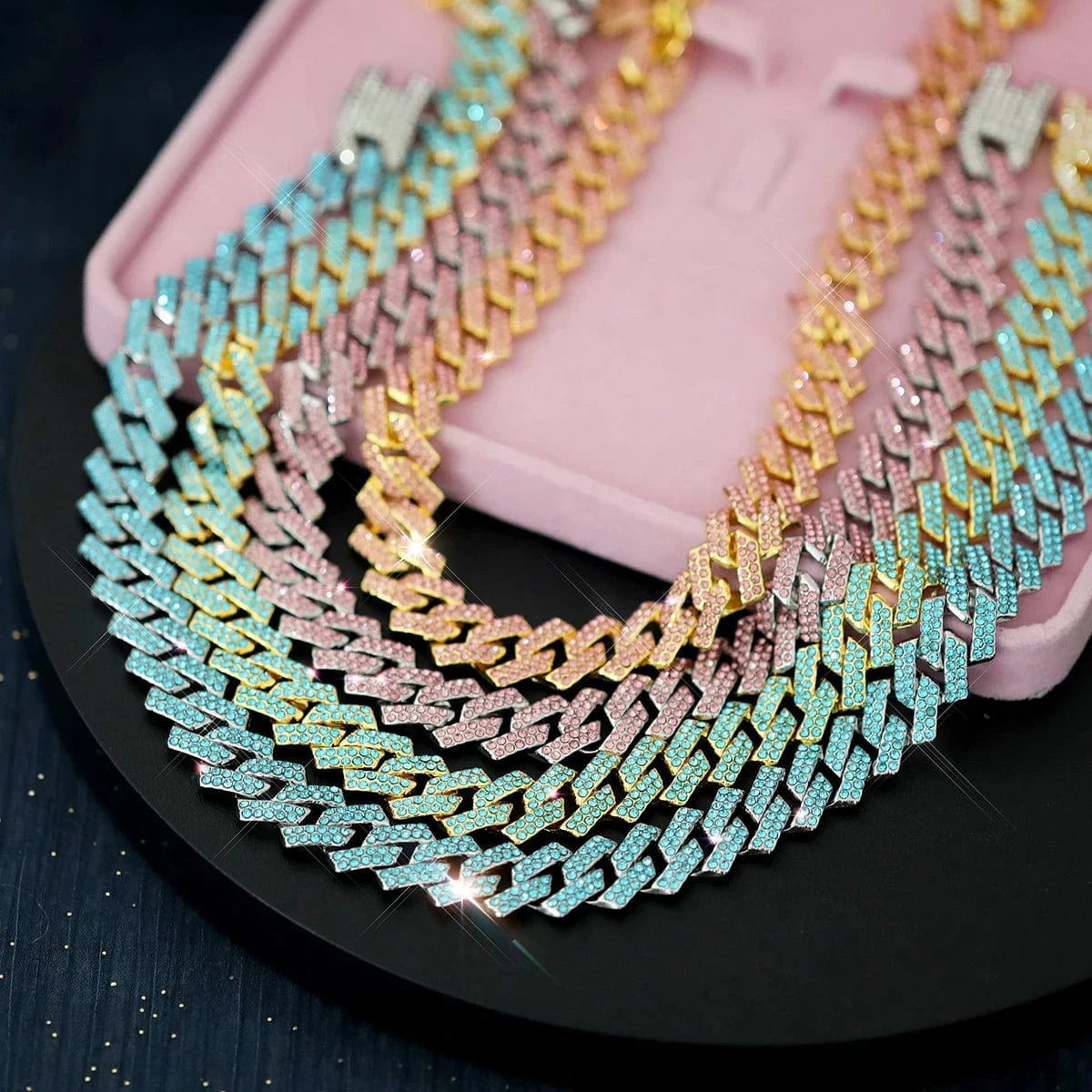Hip Hop Colorful Rhinestone Cuban Necklace+Bracelet Jewelry Set Iced Out Shiny Chain link Trendy Choker Jewelry For Women Men