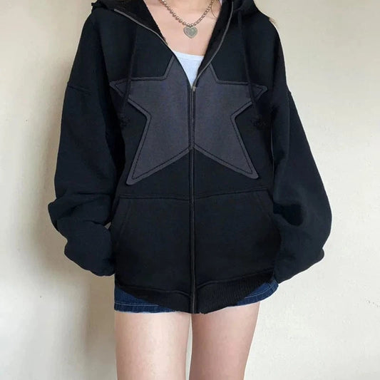 Hip Hop Zip up Hoodie Vintage Star Patch Cotton Loose Sweatshirt Jacket Harajuku Gothic Long Sleeve Women Sweatshirt Y2k Clothes
