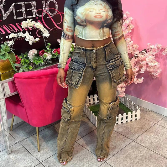 hirigin Summer Women Fashion Multi Pocket Straight Zipper Fly Denim Pants Y2K Vintage Streetwear Cargo Wide Leg Jeans