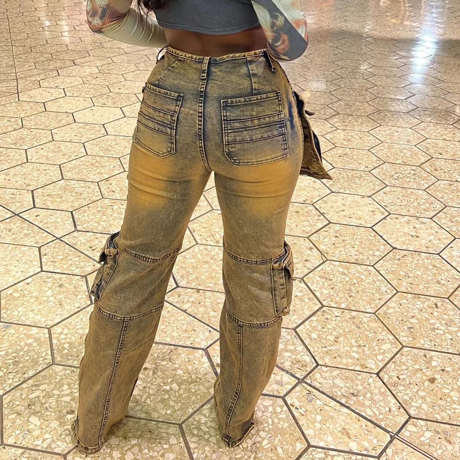 hirigin Summer Women Fashion Multi Pocket Straight Zipper Fly Denim Pants Y2K Vintage Streetwear Cargo Wide Leg Jeans