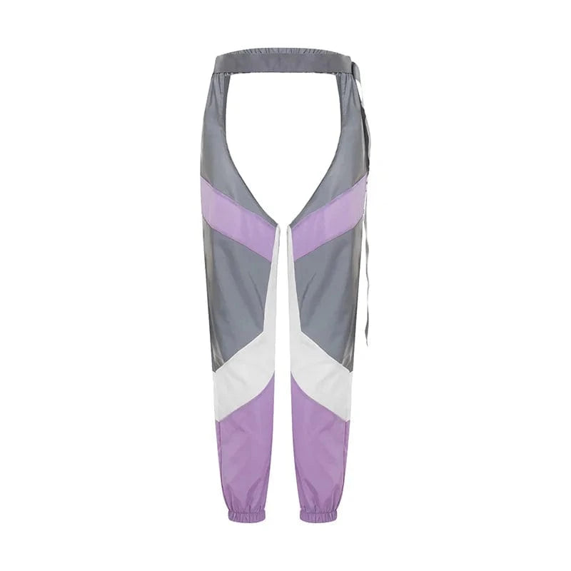 hirigin Women Buckles Bottomless Pants High Waist Cargo Trousers Crothchless Color Block Boggy Trousers Long Rave Legging