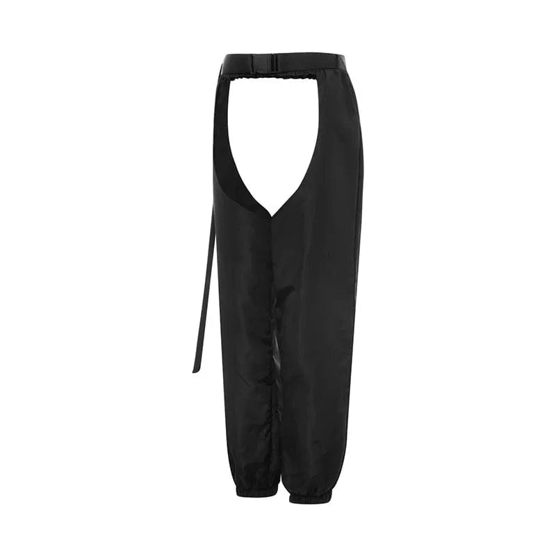 hirigin Women Buckles Bottomless Pants High Waist Cargo Trousers Crothchless Color Block Boggy Trousers Long Rave Legging