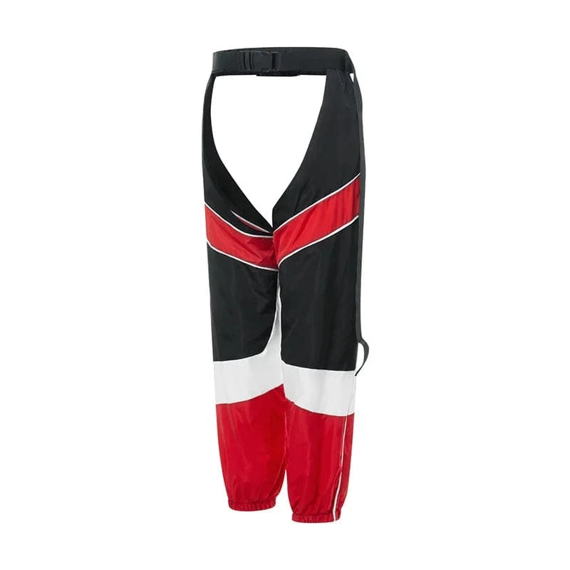 hirigin Women Buckles Bottomless Pants High Waist Cargo Trousers Crothchless Color Block Boggy Trousers Long Rave Legging