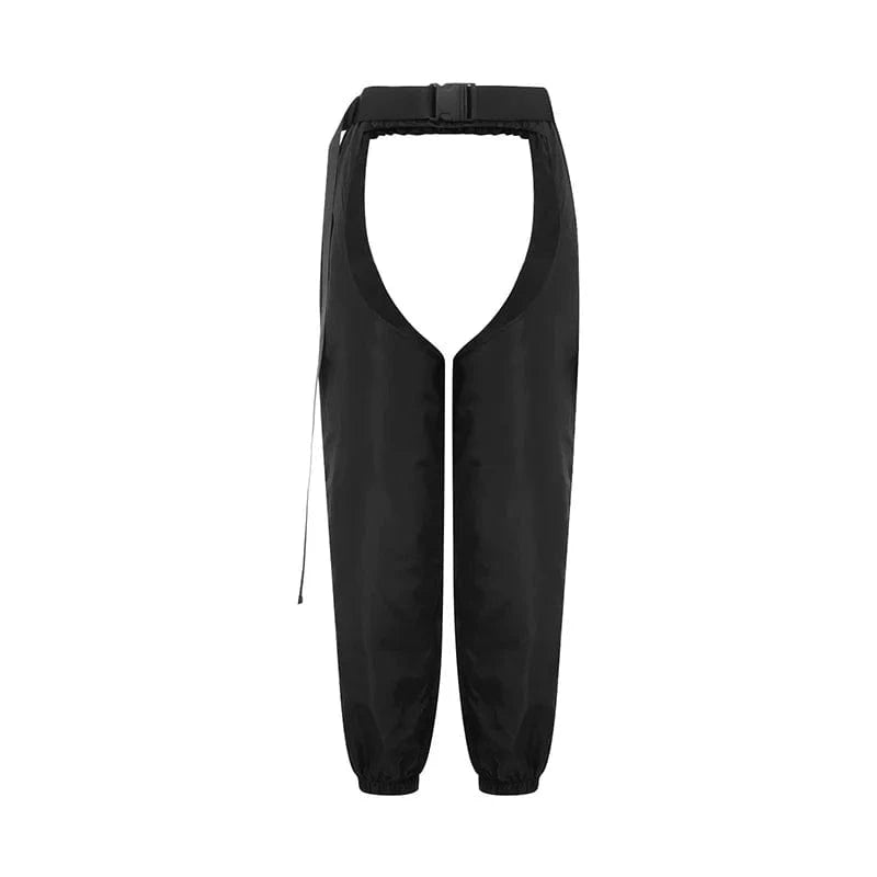 hirigin Women Buckles Bottomless Pants High Waist Cargo Trousers Crothchless Color Block Boggy Trousers Long Rave Legging