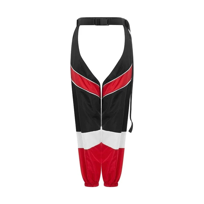 hirigin Women Buckles Bottomless Pants High Waist Cargo Trousers Crothchless Color Block Boggy Trousers Long Rave Legging