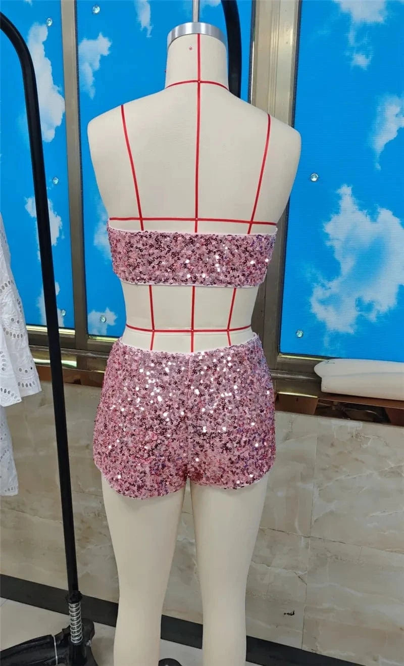 hirigin Women Sequin 2 Piece Outfit Sparkly Sexy Bodycon Sleeveless Halter Crop Top Split Mini Skirt Set Going Out Club Suit
