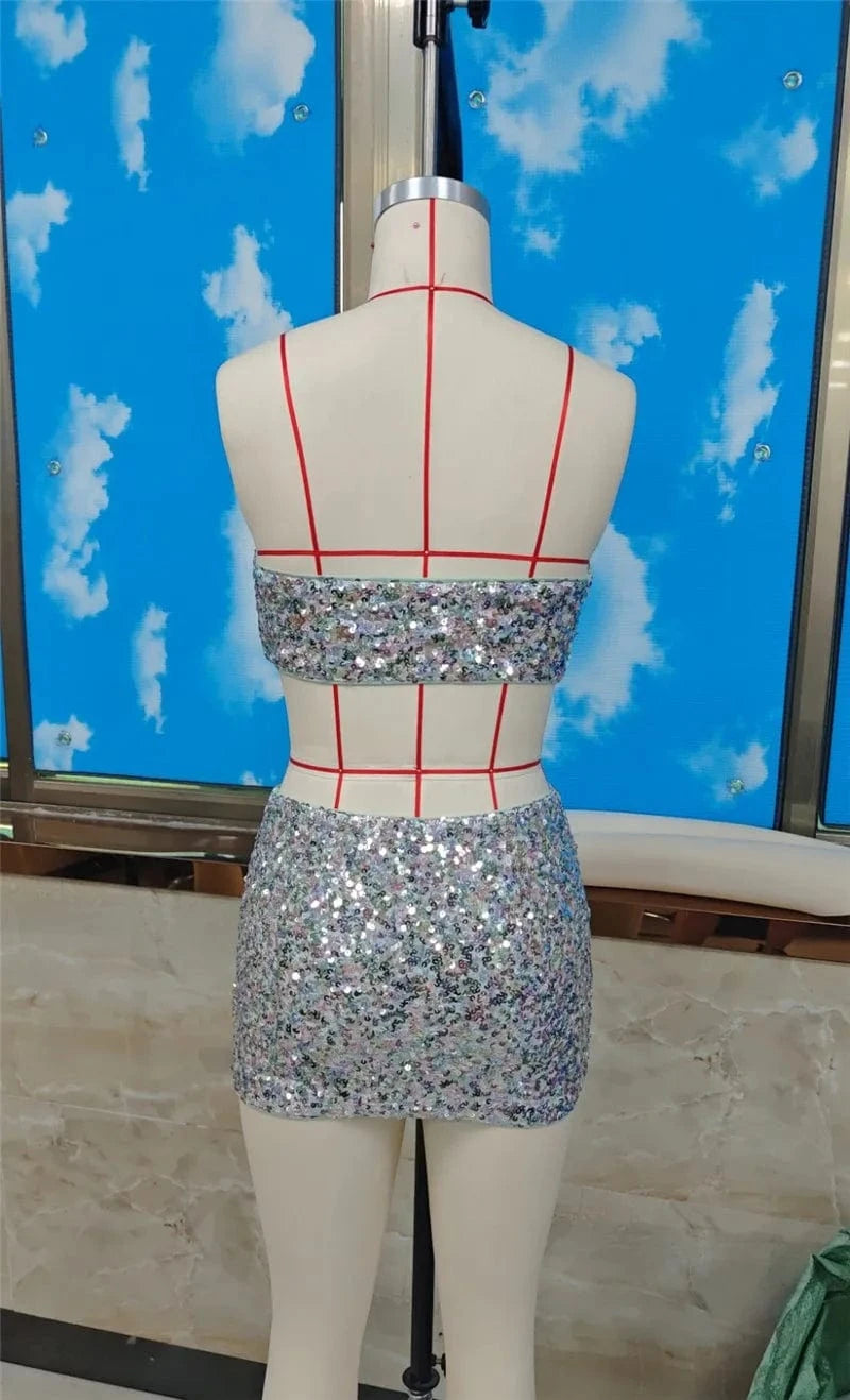 hirigin Women Sequin 2 Piece Outfit Sparkly Sexy Bodycon Sleeveless Halter Crop Top Split Mini Skirt Set Going Out Club Suit