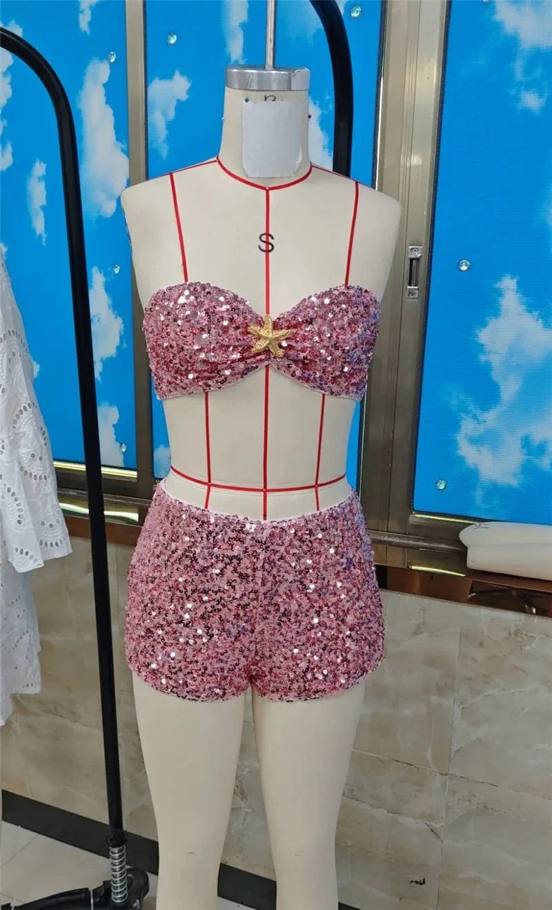 hirigin Women Sequin 2 Piece Outfit Sparkly Sexy Bodycon Sleeveless Halter Crop Top Split Mini Skirt Set Going Out Club Suit