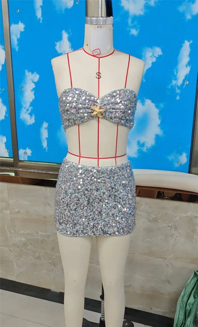 hirigin Women Sequin 2 Piece Outfit Sparkly Sexy Bodycon Sleeveless Halter Crop Top Split Mini Skirt Set Going Out Club Suit