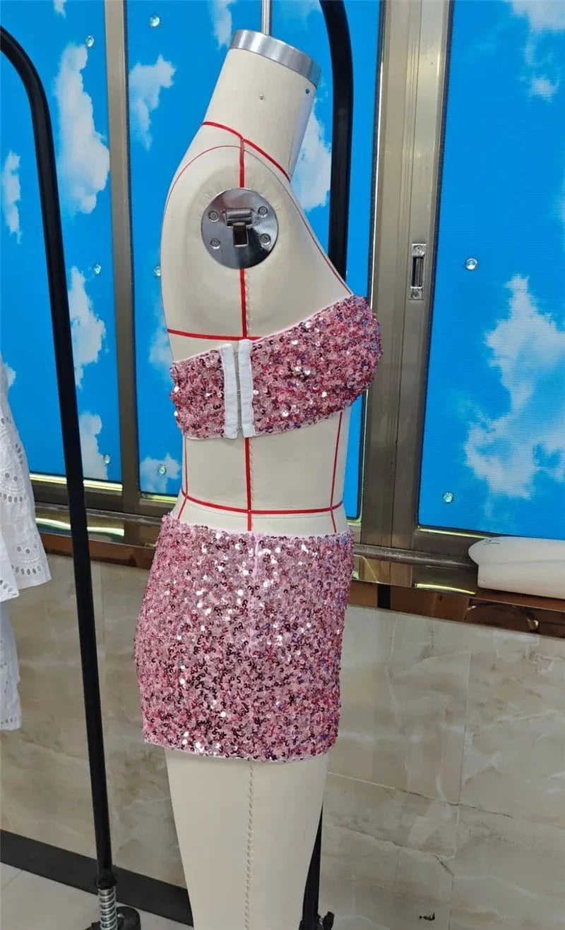 hirigin Women Sequin 2 Piece Outfit Sparkly Sexy Bodycon Sleeveless Halter Crop Top Split Mini Skirt Set Going Out Club Suit