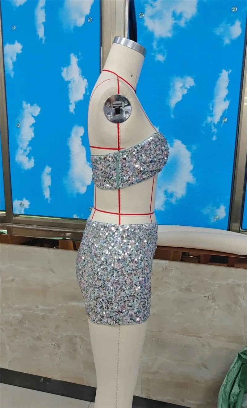 hirigin Women Sequin 2 Piece Outfit Sparkly Sexy Bodycon Sleeveless Halter Crop Top Split Mini Skirt Set Going Out Club Suit