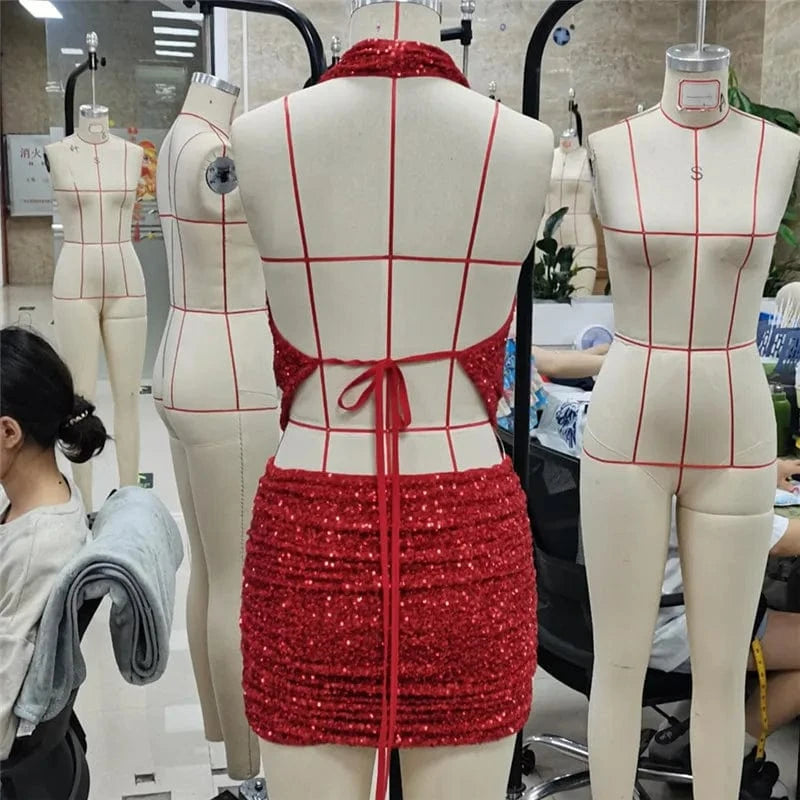 hirigin Women Sequin 2 Piece Outfit Sparkly Sexy Bodycon Sleeveless Halter Crop Top Split Mini Skirt Set Going Out Club Suit