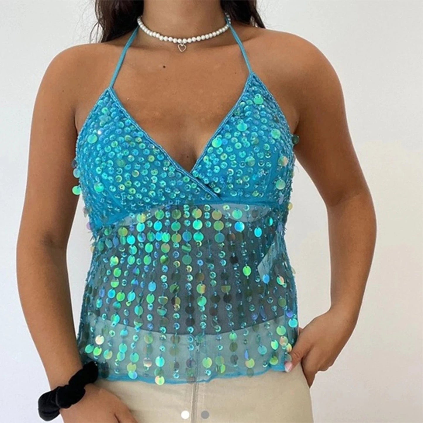 hirigin Women Sequin Halter Top Sexy Sleeveless Deep V Neck Glitter Tank Top Sparkle Backless Crop Top Summer Streetwear