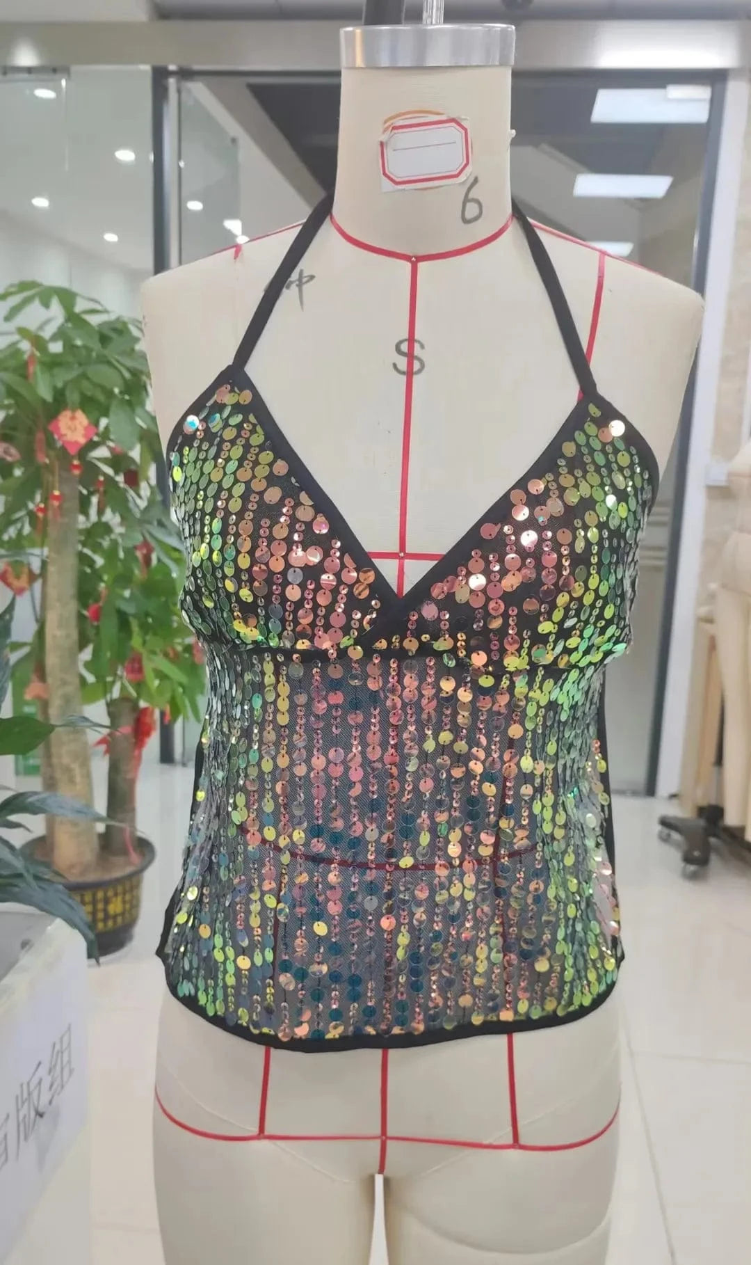 hirigin Women Sequin Halter Top Sexy Sleeveless Deep V Neck Glitter Tank Top Sparkle Backless Crop Top Summer Streetwear