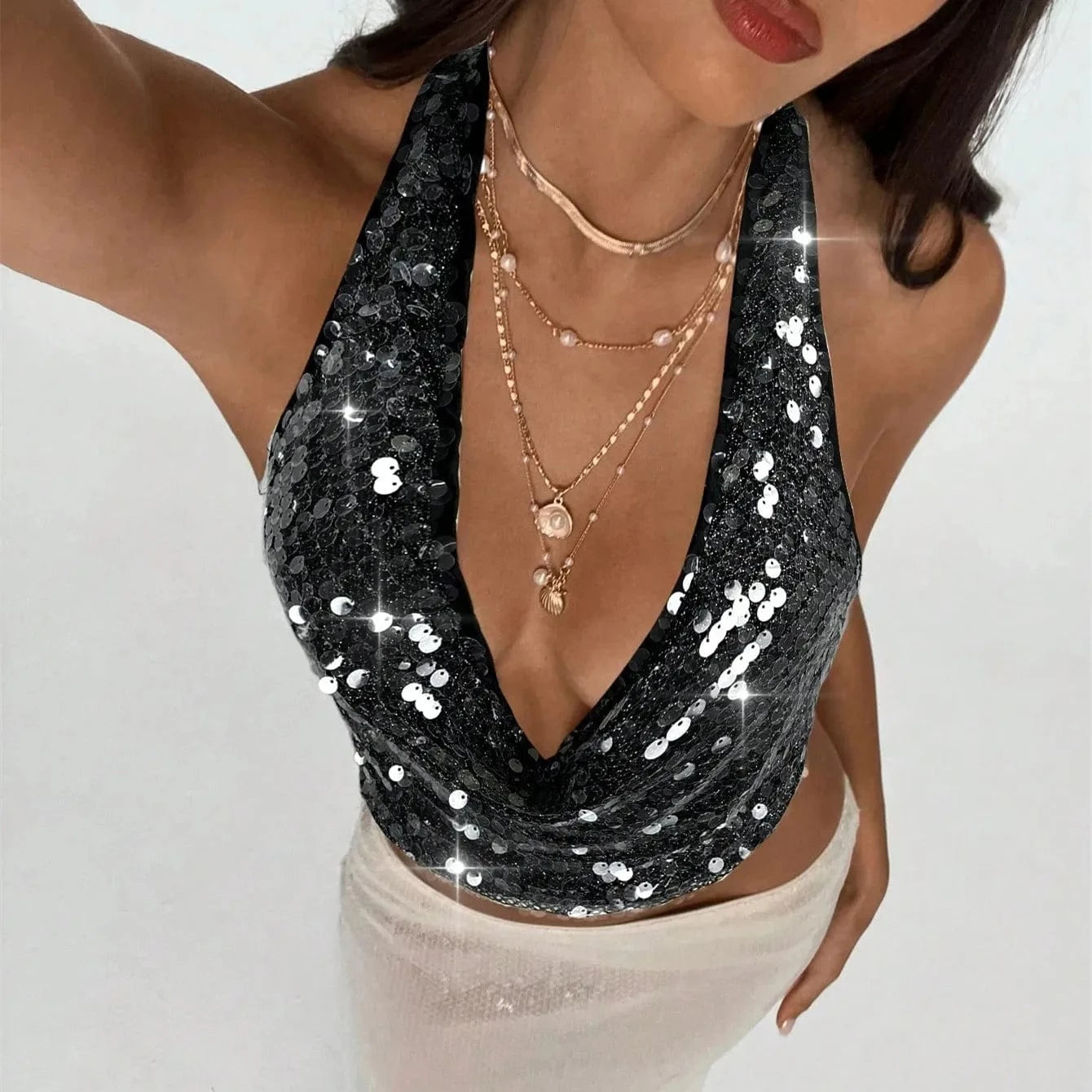 hirigin Women Trendy Sequins Halter Tops Summer Cowl Neck Tie up Backless Shirts for Streetwear Y2K Aesthetic Grunge Clothes