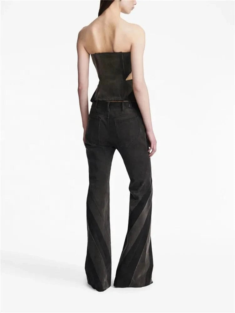 Hit Color Denim Women Set Zipper Tube Tops and Flare Pants 2024 Spring Fashion Matched Two Piece Sets