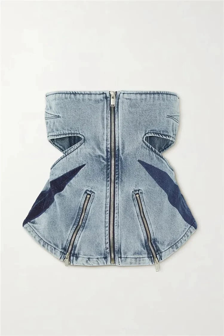 Hit Color Denim Women Set Zipper Tube Tops and Flare Pants 2024 Spring Fashion Matched Two Piece Sets