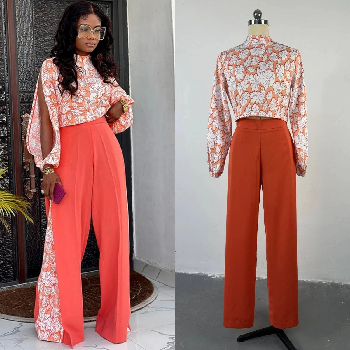 HK5268 Women's Loose Large Size Fashion Lapel Long-sleeved Shirt Wide Printed Leg Pants Suit