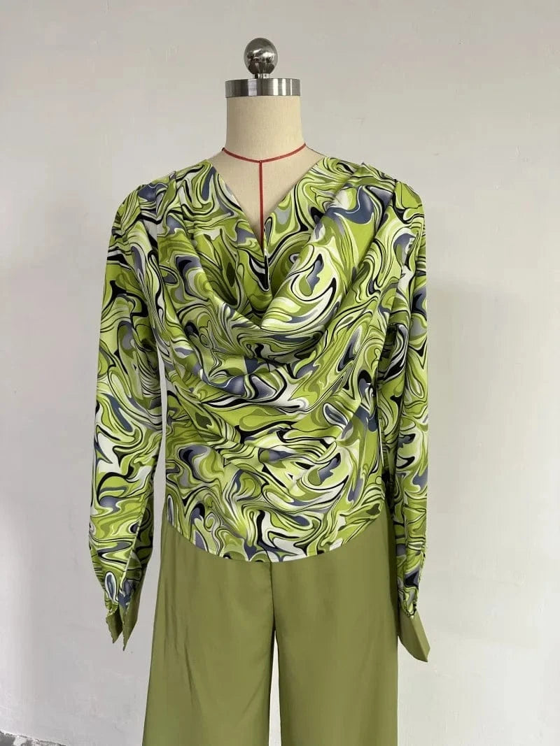 HK6605 Fall 2024 Women Clothes Street Casual Loose Puff Sleeves Blouses And Wide Leg Pants Women Lounge Wear Sets 2pcs