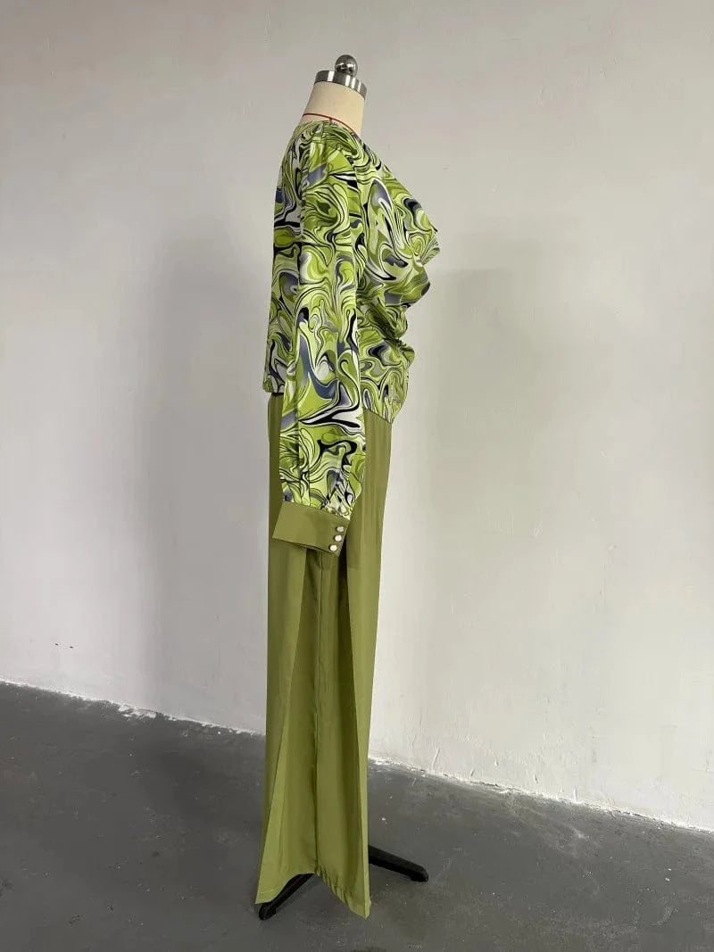 HK6605 Fall 2024 Women Clothes Street Casual Loose Puff Sleeves Blouses And Wide Leg Pants Women Lounge Wear Sets 2pcs