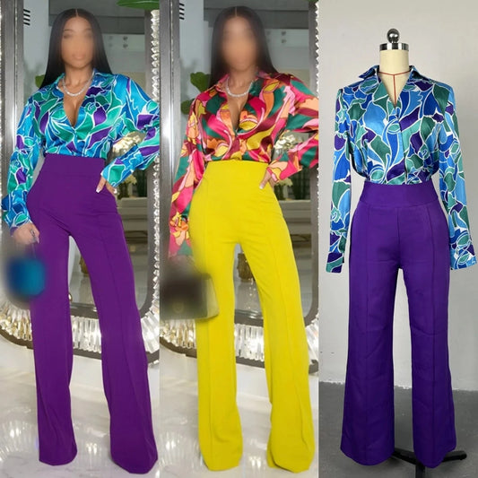 HK7003 Fashion Autumn Causal Street Wear Trending Boutique Long Sleeve Lace-up Shirt And High Waist Pant 2 Piece Set Women