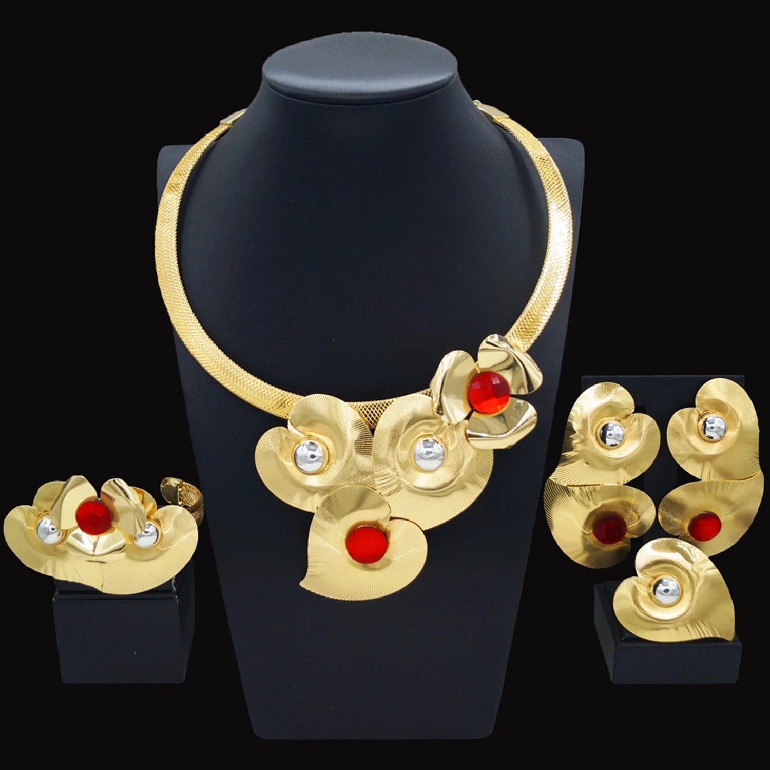HN000630 Factory Direct Supply Jewelry Set Fashion Dubai Jewelry For Women 24 K Gold Plated Flower Design Jewels Earrings Bangle Necklace