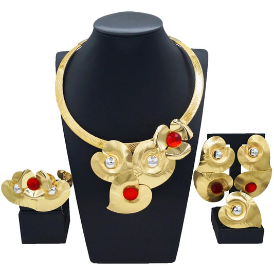 HN000630 Factory Direct Supply Jewelry Set Fashion Dubai Jewelry For Women 24 K Gold Plated Flower Design Jewels Earrings Bangle Necklace