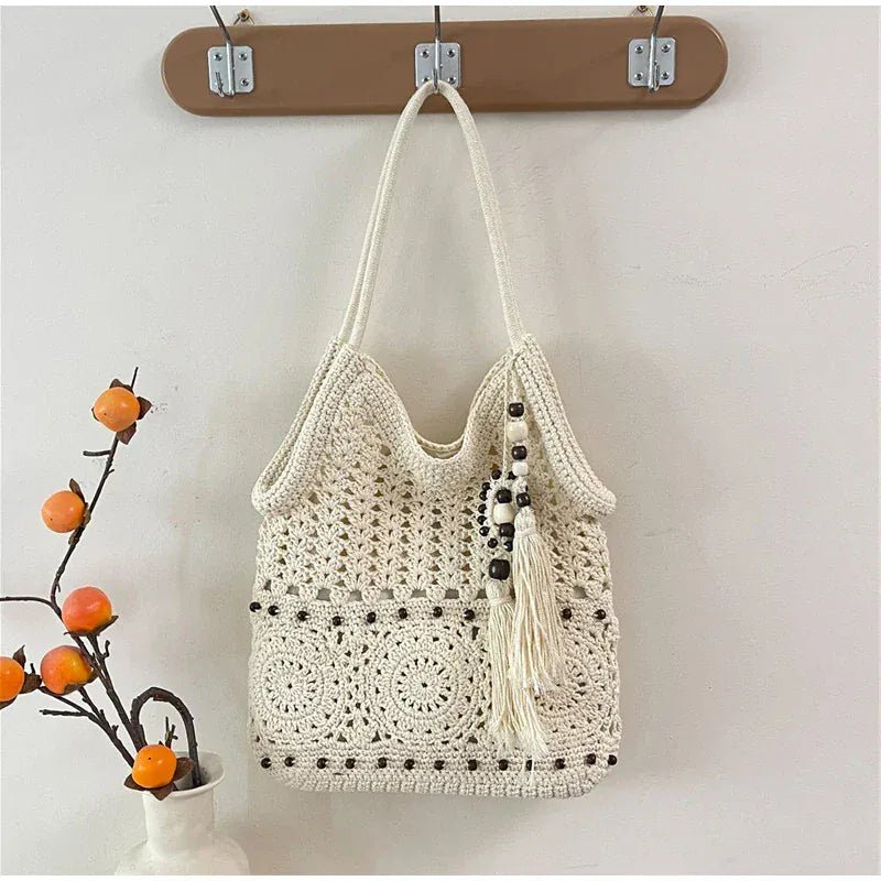 Hollow Crochet Women Bags Bohemian Large Capacity Handbags Korean Popular Bag New Tassel Cotton Shopping Bag Shoulder Bag Women - SN Wigs & More