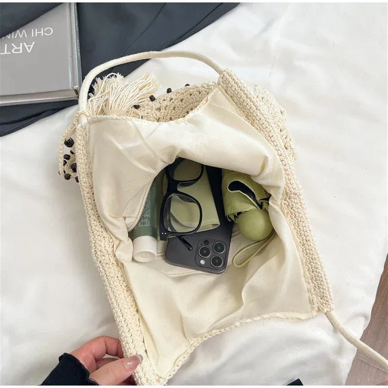 Hollow Crochet Women Bags Bohemian Large Capacity Handbags Korean Popular Bag New Tassel Cotton Shopping Bag Shoulder Bag Women - SN Wigs & More