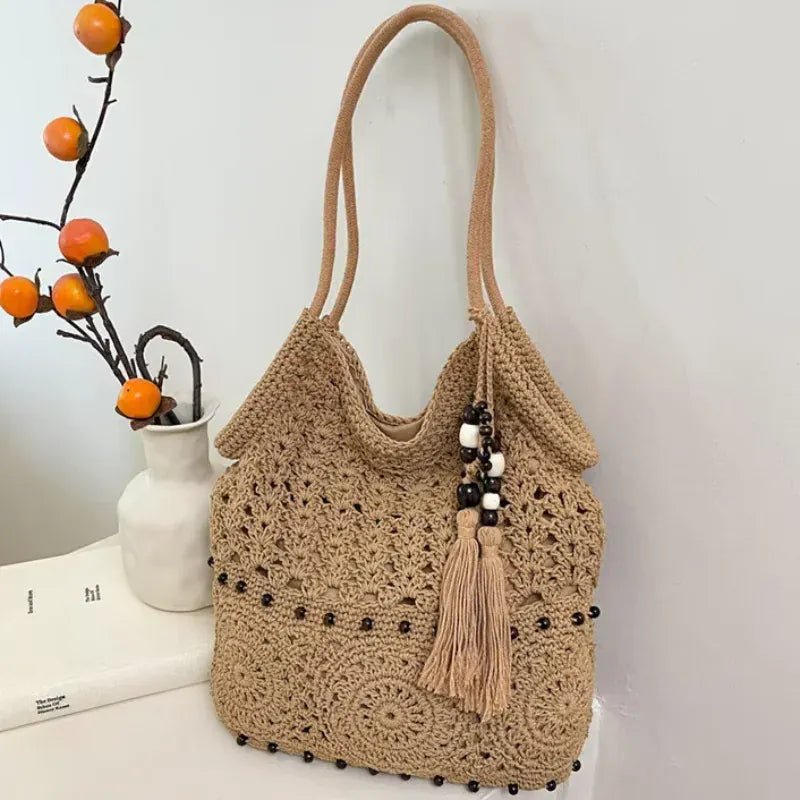 Hollow Crochet Women Bags Bohemian Large Capacity Handbags Korean Popular Bag New Tassel Cotton Shopping Bag Shoulder Bag Women - SN Wigs & More