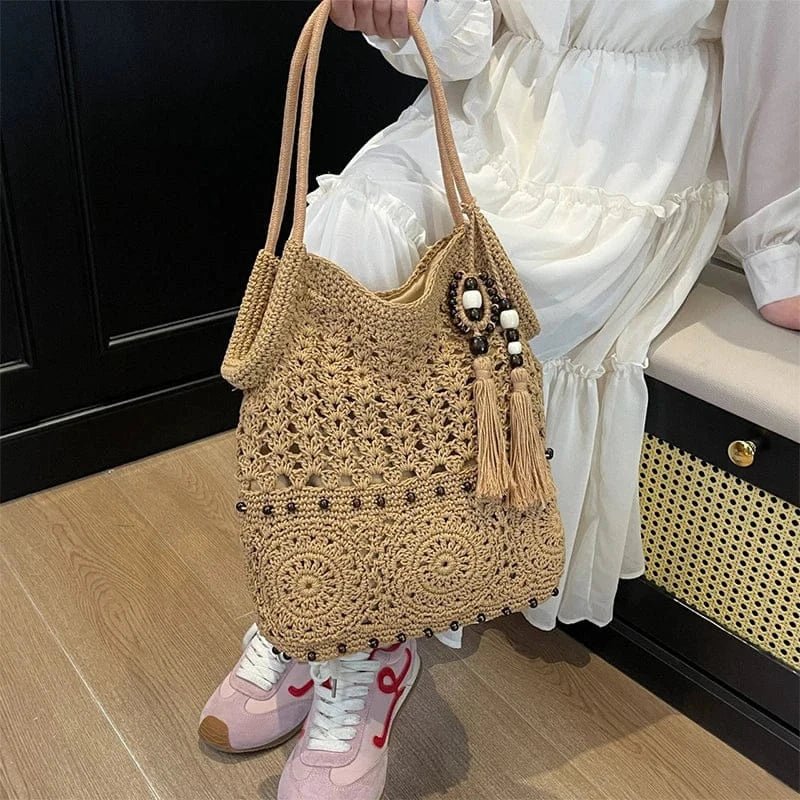 Hollow Crochet Women Bags Bohemian Large Capacity Handbags Korean Popular Bag New Tassel Cotton Shopping Bag Shoulder Bag Women - SN Wigs & More