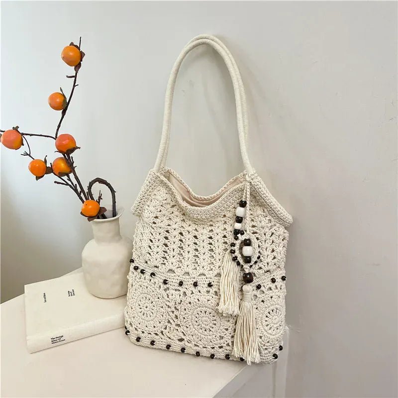 Hollow Crochet Women Bags Bohemian Large Capacity Handbags Korean Popular Bag New Tassel Cotton Shopping Bag Shoulder Bag Women - SN Wigs & More
