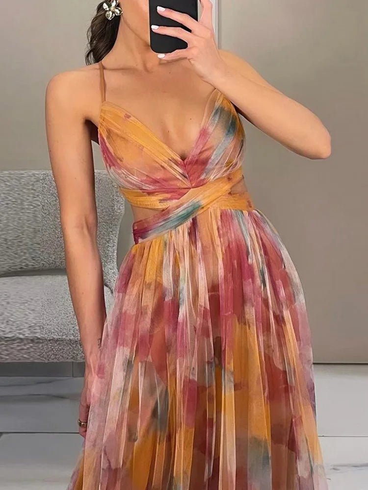 Hollow Fashion 2025 Loungewear Dress, Women Summer Elegant Sleeveless V - Neck Party Dress, Backless Lace - Up Simple Ladies Dress - SN Wigs & More