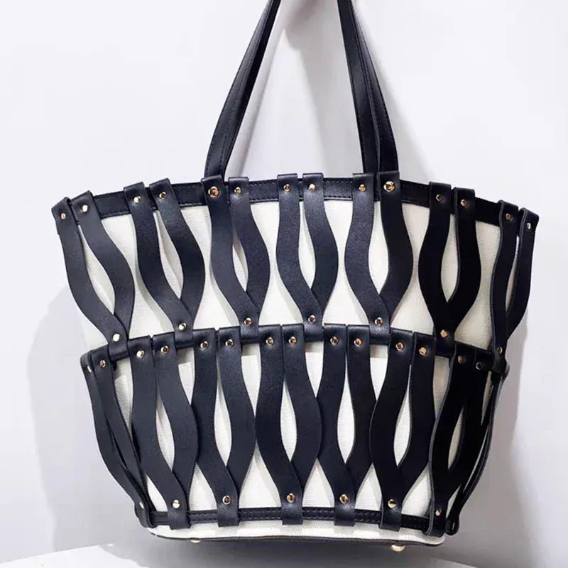 Hollow Fashion Woven Shoulder Bag Brand Retro Large Capacity Tote Bag Texture Contrast Color Canvas Handbag Beach Bag Women Bag - SN Wigs & More