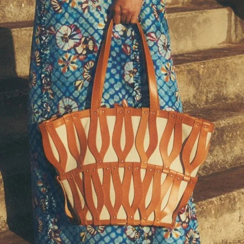 Hollow Fashion Woven Shoulder Bag Brand Retro Large Capacity Tote Bag Texture Contrast Color Canvas Handbag Beach Bag Women Bag - SN Wigs & More