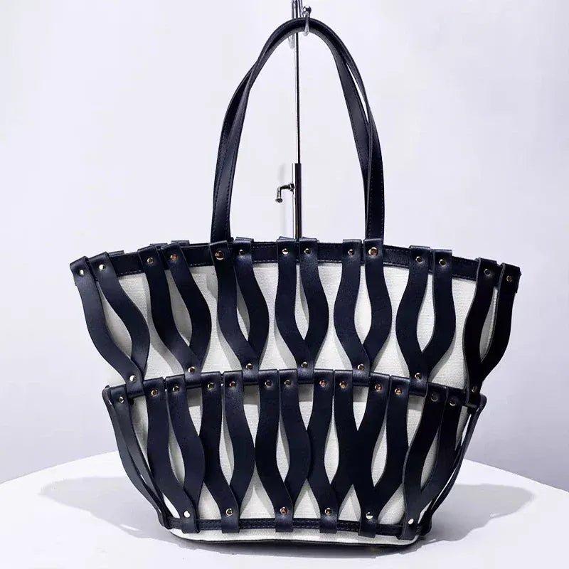 Hollow Fashion Woven Shoulder Bag Brand Retro Large Capacity Tote Bag Texture Contrast Color Canvas Handbag Beach Bag Women Bag - SN Wigs & More