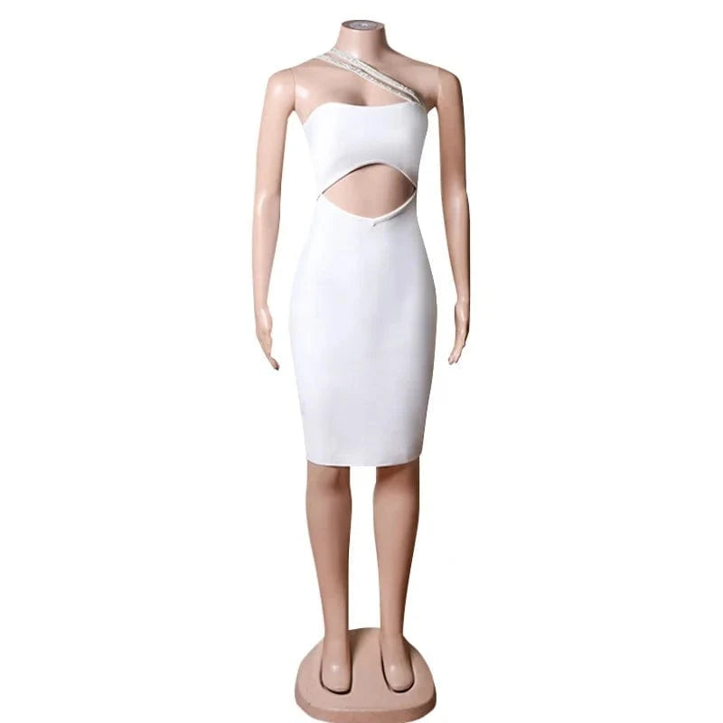 Hollow Front One shoulder Asymmetric knit dress bodycon Cocktail dress with crystal