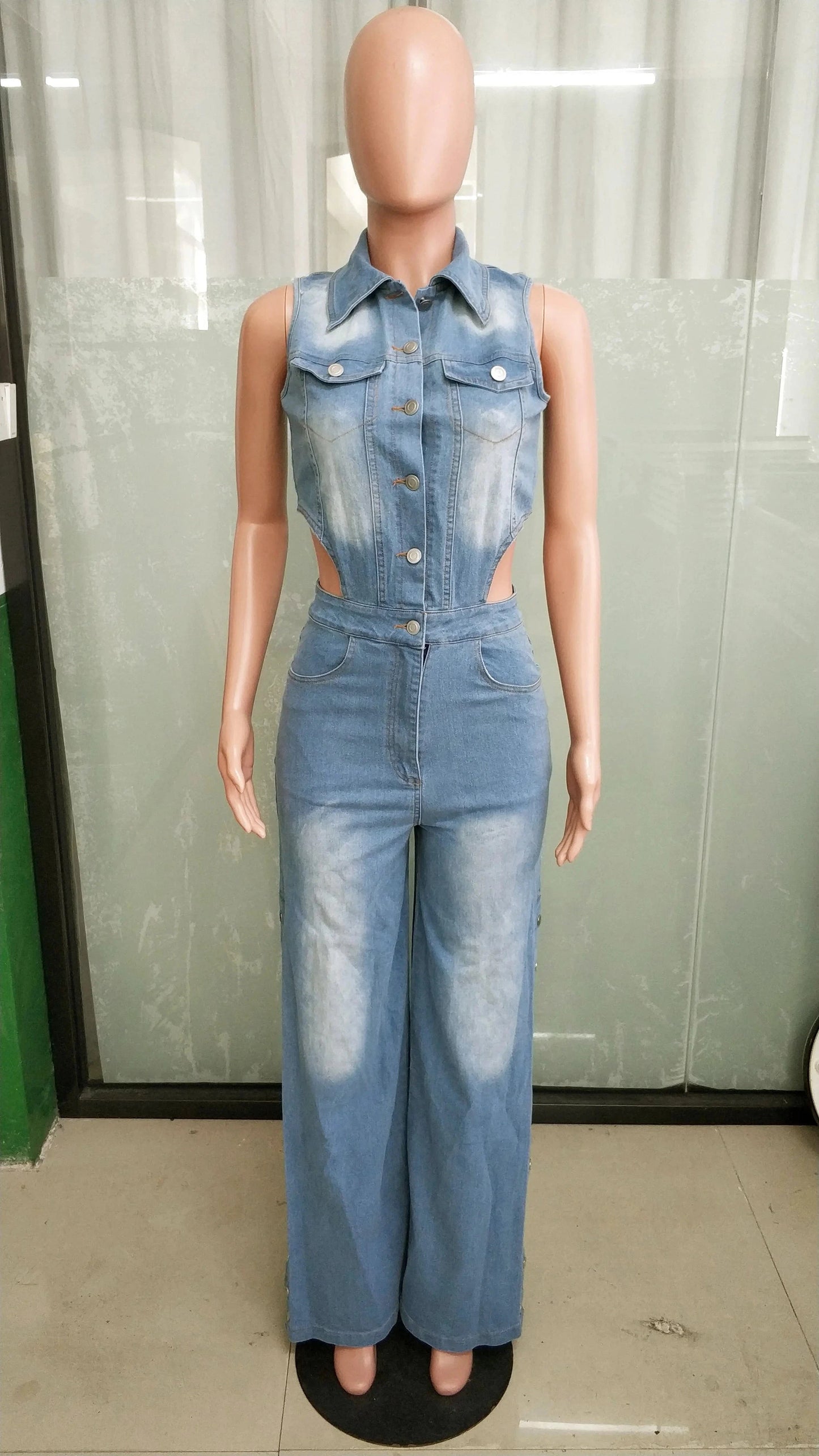 Hollow Out Jeans Cargo Jumpsuit Sexy Women Elegant Denim Stretch Casual Overalls Romper