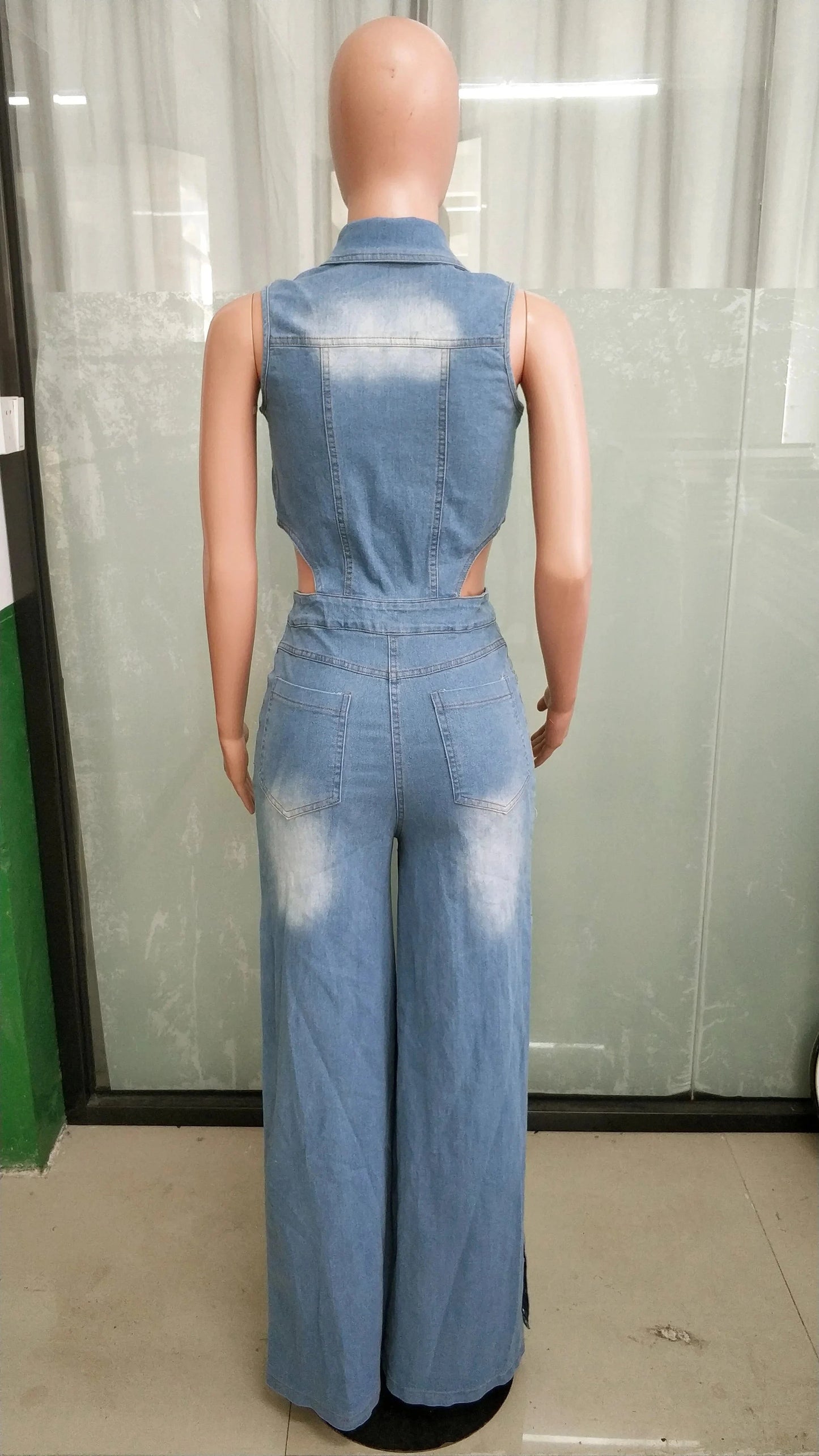 Hollow Out Jeans Cargo Jumpsuit Sexy Women Elegant Denim Stretch Casual Overalls Romper