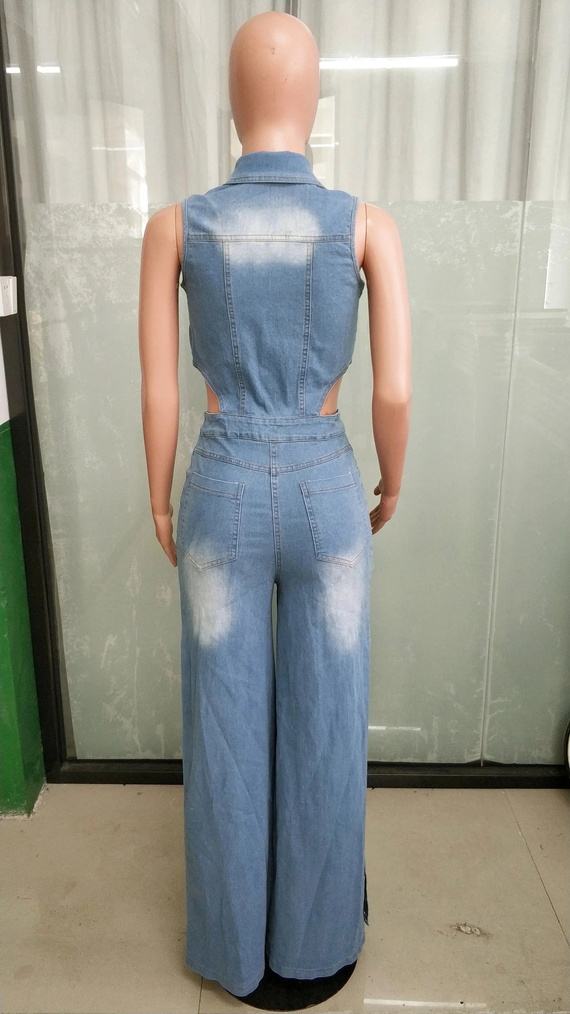 Hollow Out Jeans Cargo Jumpsuit Sexy Women Elegant Denim Stretch Casual Overalls Romper