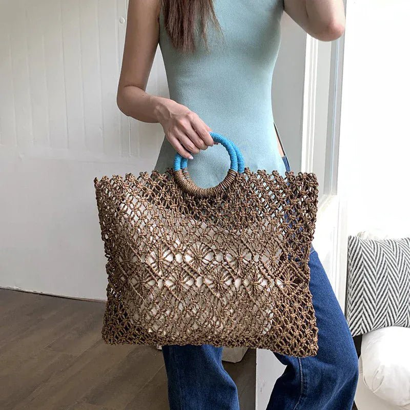 Hollow Straw Personality Shoulder Bag Niche Hand - woven Raffia Rattan Beach Bag Versatile Leisure Shopping Travel Bag Handbag - SN Wigs & More