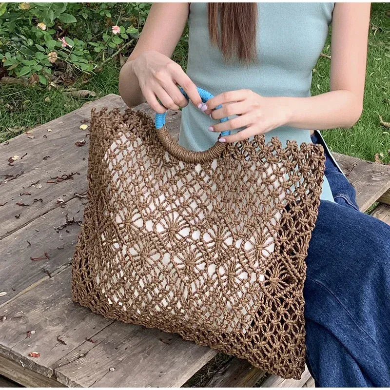 Hollow Straw Personality Shoulder Bag Niche Hand - woven Raffia Rattan Beach Bag Versatile Leisure Shopping Travel Bag Handbag - SN Wigs & More