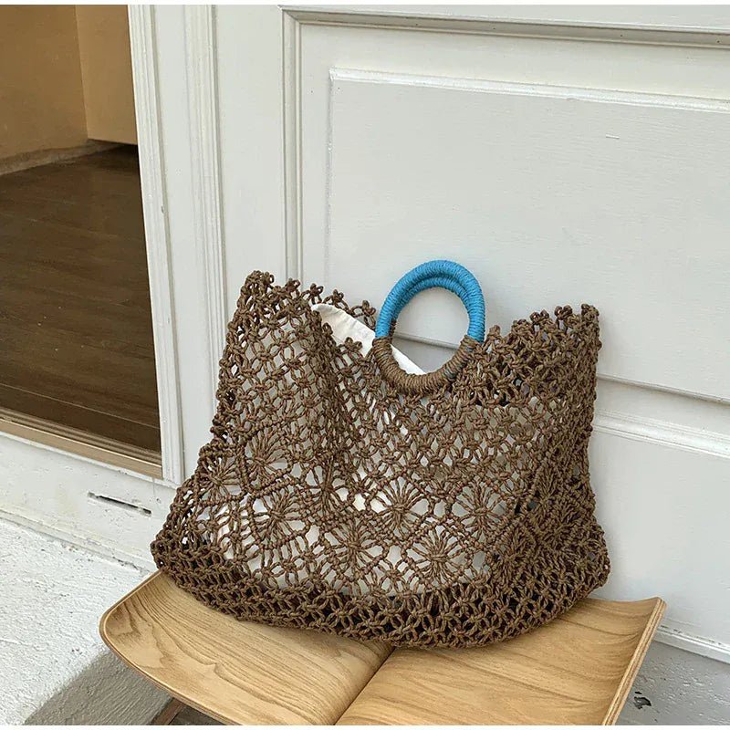 Hollow Straw Personality Shoulder Bag Niche Hand - woven Raffia Rattan Beach Bag Versatile Leisure Shopping Travel Bag Handbag - SN Wigs & More