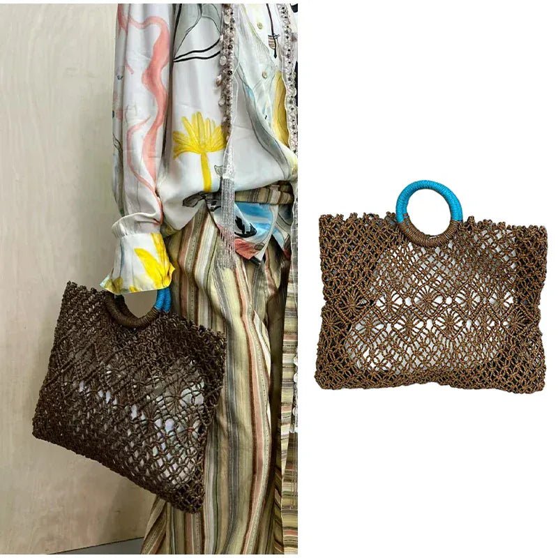 Hollow Straw Personality Shoulder Bag Niche Hand - woven Raffia Rattan Beach Bag Versatile Leisure Shopping Travel Bag Handbag - SN Wigs & More