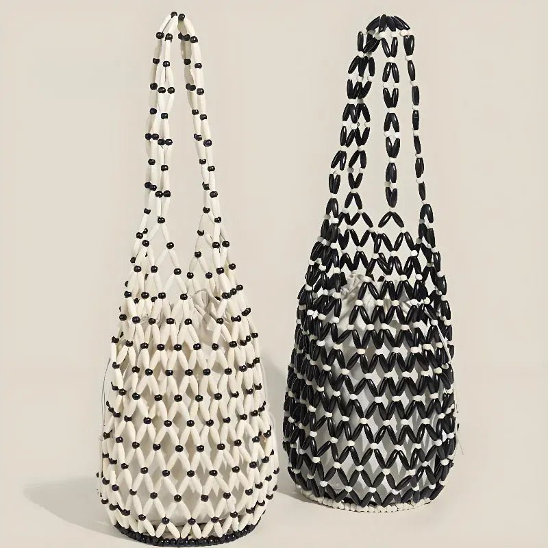 Hollow wood bead straw bag lady fashion brand texture drawstring design shoulder bag simple versatile cylindrical crossbody bag - SN Wigs & More