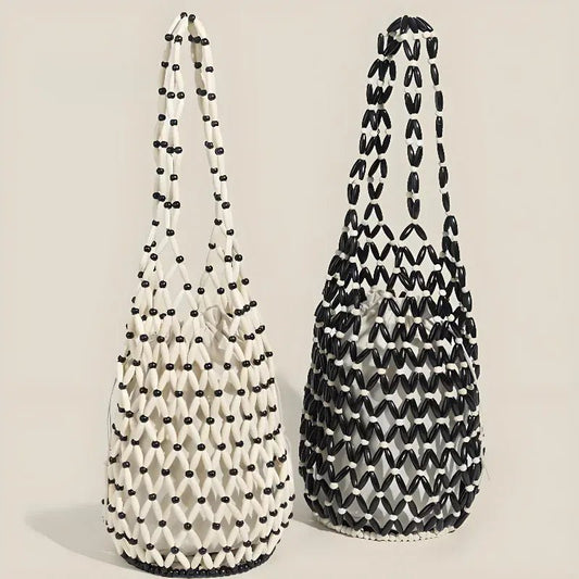 Hollow wood bead straw bag lady fashion brand texture drawstring design shoulder bag simple versatile cylindrical crossbody bag - SN Wigs & More