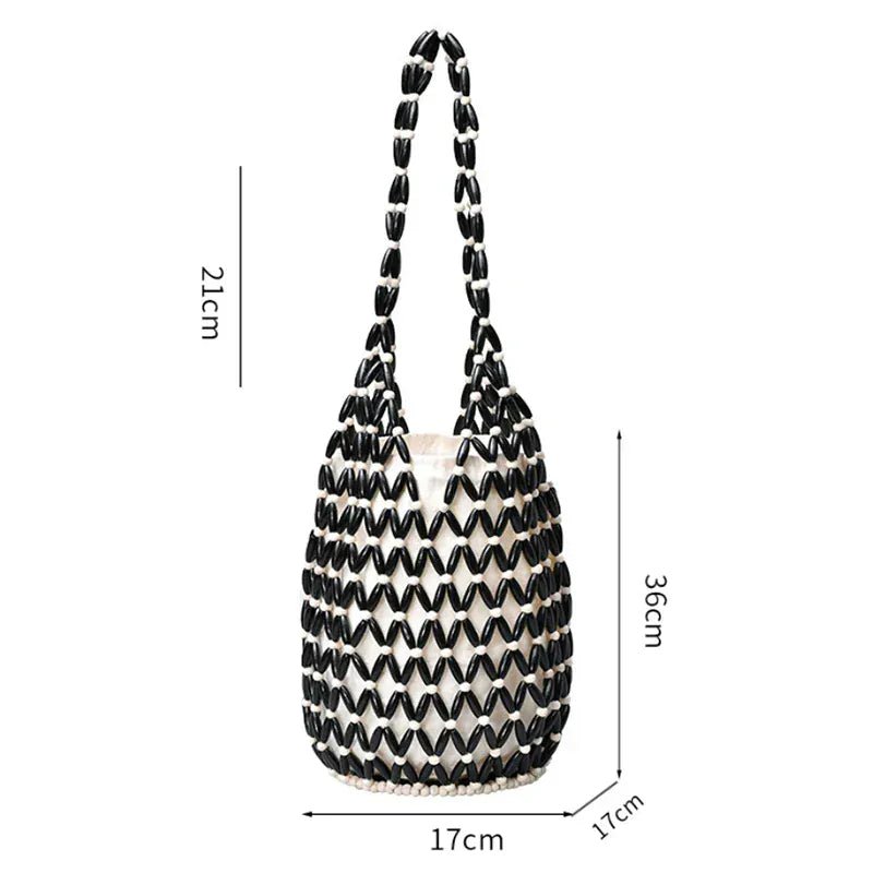 Hollow wood bead straw bag lady fashion brand texture drawstring design shoulder bag simple versatile cylindrical crossbody bag - SN Wigs & More